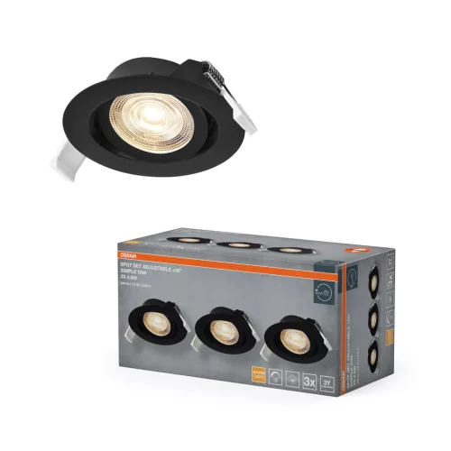 OSRAM beépíthető LED spot lámpa, beltéri, fekete, 330 lm, 4,9 W, 2700 K, alumínium és műanyag, IP20, átmérő: 40 mm, 3 db-os szett, dimmelhető ( 4099854595868 )