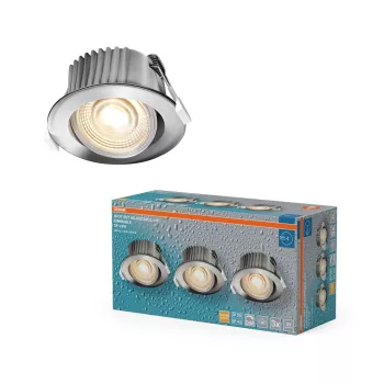   OSRAM beépíthető (recess) LED spot lámpa IP44, beltéri / fedett kültéri, króm, 270 lm, 4,9 W, 2700 K, alumínium és műanyag, IP44, átmérő: 85 mm, dönthető 3 db-os szett, dimmelhető ( 4099854595905 )