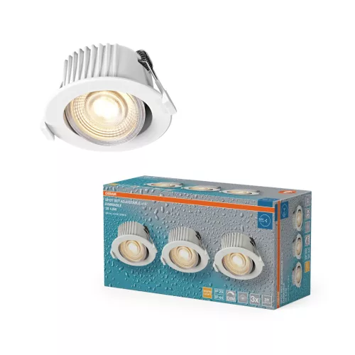 OSRAM beépíthető (recess) LED spot lámpa IP44, beltéri / fedett kültéri, fehér, 270 lm, 4,9 W, 2700 K, alumínium és műanyag, IP44, átmérő: 85 mm, dönthető 3 db-os szett, dimmelhető ( 4099854595943 )