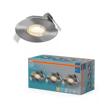   OSRAM beépíthető (recess) LED spot lámpa IP44, beltéri / fedett kültéri, szatén nikkel, 270 lm, 4,9 W, 2700 K, alumínium és műanyag, IP44, átmérő: 85 mm, fix 3 db-os szett, dimmelhető ( 4099854595967 )