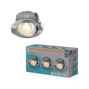   OSRAM beépíthető (recess) LED spot lámpa IP44, beltéri / fedett kültéri, szatén nikkel, 270 lm, 4,9 W, 2700 K, alumínium és műanyag, IP44, átmérő: 85 mm, dönthető 3 db-os szett, dimmelhető ( 4099854596025 )