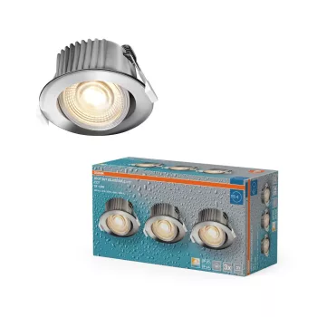   OSRAM beépíthető (recess) LED spot lámpa IP44, beltéri / fedett kültéri, króm, 270 lm, 4,9 W, 2700 K / 4000 K / 6500 K, alumínium és műanyag, IP44, átmérő: 88 mm, dönthető 3 db-os szett, kapcsolós színhőmérséklet ( 4099854596049 )