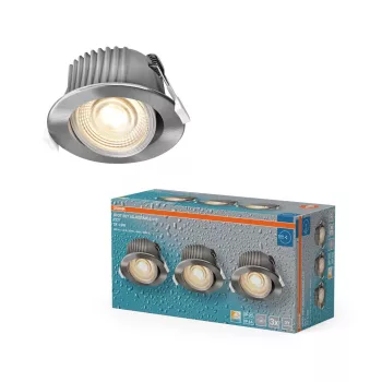   OSRAM beépíthető (recess) LED spot lámpa IP44, beltéri / fedett kültéri, szatén nikkel, 270 lm, 4,9 W, 2700 K / 4000 K / 6500 K, alumínium és műanyag, IP44, átmérő: 88 mm, dönthető 3 db-os szett, kapcsolós színhőmérséklet ( 4099854596087 )