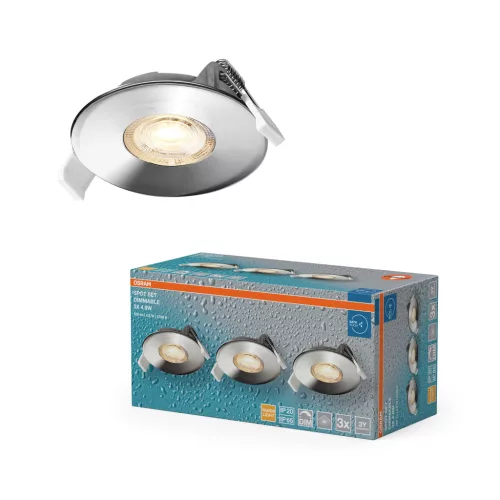 OSRAM beépíthető (recess) LED spot lámpa IP65, beltéri / fedett kültéri, króm, 270 lm, 4,9 W, 2700 K, alumínium és műanyag, IP65, átmérő: 85 mm, fix 3 db-os szett, dimmelhető ( 4099854596100 )