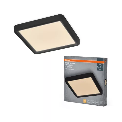 OSRAM Orbis Quickfix négyszögletes LED mennyezeti lámpa, beltéri, fekete, 1200 lm, 16 W, 3000 K, fém és ABS, IP20, méret: 195 × 195 mm, kattintásos dimmelhető (Touch DIM) ( 4099854604645 )