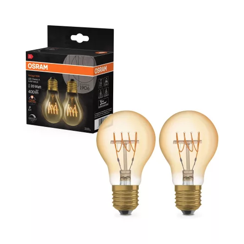 OSRAM Vintage 1906 dimm. LED, üveg búra, arany E27, 4,8W, 400lm, 2200K extra meleg fehér 2db