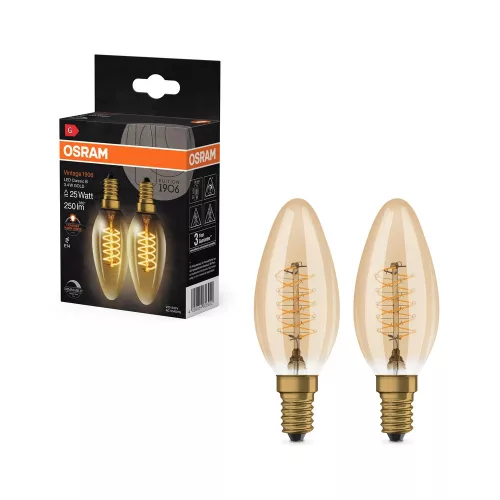 OSRAM Vintage 1906 dimmelhető LED gyertya izzó, arany üveg, E14, 3,4W, 250lm, 2200K, filament, 2db
