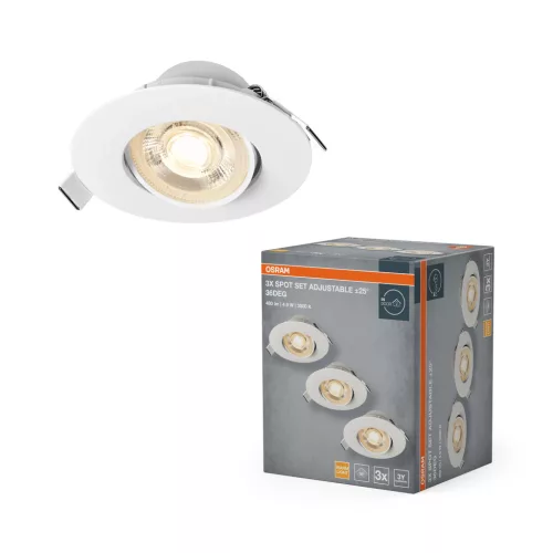 OSRAM beépíthető műanyag állítható LED spot lámpa, beltéri, fehér, 330 lm, 4,9 W, 3000 K, alumínium és műanyag, IP20, átmérő: 90 mm, 3 db-os szett ( 4099854612565 )
