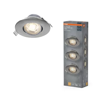   OSRAM beépíthető műanyag állítható LED spot lámpa, beltéri, szatén nikkel, 320 lm, 4,9 W, 3000 K, alumínium és műanyag, IP20, átmérő: 90 mm, 3 db-os szett ( 4099854612589 )