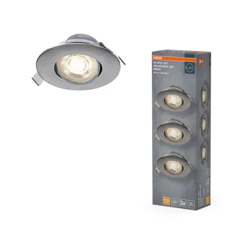 OSRAM beépíthető műanyag állítható LED spot lámpa, beltéri, szatén nikkel, 320 lm, 4,9 W, 3000 K, alumínium és műanyag, IP20, átmérő: 90 mm, 3 db-os szett ( 4099854612589 )