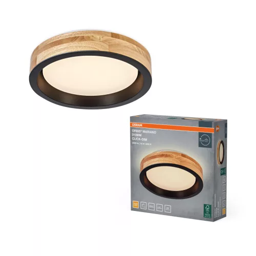 OSRAM Orbis Mariano kerek LED mennyezeti lámpa, beltéri, fekete, fa dekor, 1000 lm, 16 W, 3000 K, fém és fa, IP20, átmérő: 310 mm, kattintásos dimmelhető ( 4099854626623 )