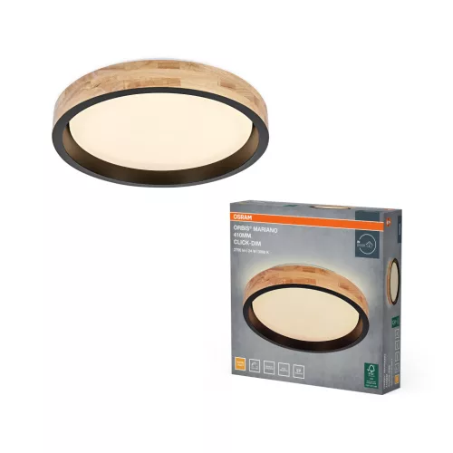 OSRAM Orbis Mariano kerek LED mennyezeti lámpa, beltéri, fekete, fa dekor, 1450 lm, 24 W, 3000 K, fém és fa, IP20, átmérő: 410 mm, kattintásos dimmelhető ( 4099854626654 )
