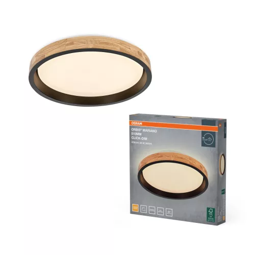 OSRAM Orbis Mariano kerek LED mennyezeti lámpa, beltéri, fekete, fa dekor, 2000 lm, 36 W, 3000 K, fém és fa, IP20, átmérő: 510 mm, kattintásos dimmelhető ( 4099854626678 )