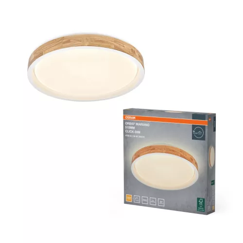 OSRAM Orbis Mariano kerek LED mennyezeti lámpa, beltéri, fa dekor, fehér, 2000 lm, 36 W, 3000 K, fém és fa, IP20, átmérő: 510 mm, kattintásos dimmelhető ( 4099854626753 )