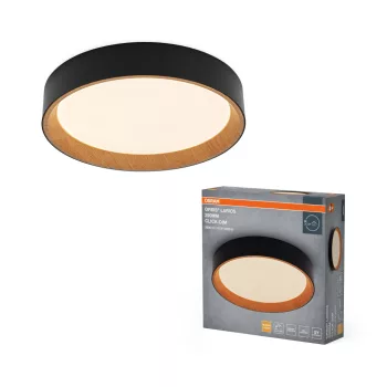   OSRAM Orbis Larios kerek LED mennyezeti lámpa, beltéri, fekete, fa dekor, 1000 lm, 16 W, 3000 K, fém, IP20, átmérő: 290 mm, kattintásos dimmelhető ( 4099854626814 )