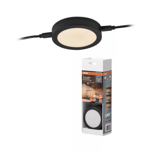 OSRAM Undercabinet LED bútor alatti pultmegvilágító spot, beltéri, fekete, 580 lm, 9,8 W, 2700–4000–5000 K, ABS, IP20, vastagság: 15 mm, átmérő: 75 mm, dimmelhető ( 4099854627989 )