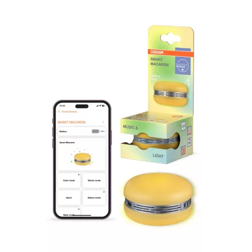 OSRAM SMART+ Bluetooth Macaron hangszóró giroszkópos fényvezérlésű LED hangulatlámpával, RGB, beltéri, sárga, 1,75 W, műanyag, IP20, hossz: 40,2 mm, magasság: 66 mm, dimmelhető ( 4099854667848 )