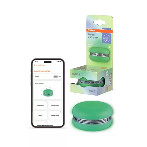 OSRAM SMART+ Bluetooth Macaron hangszóró giroszkópos fényvezérlésű LED hangulatlámpával, RGB, beltéri, zöld, 1,75 W, műanyag, IP20, hossz: 40,2 mm, magasság: 66 mm, dimmelhető ( 4099854667862 )
