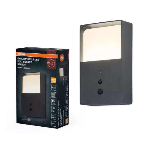 OSRAM ENDURA® USB-tölthető négyzetes LED oldalfali lámpa mozgásérzékelővel, kültéri, sötétszürke, 350 lm, 5 W, 3000 K, alumínium, IP54, hossz: 210 mm, dimmelhető ( 4099854678011 )