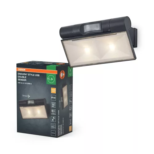 OSRAM Endura USB Adjustable szenzoros fali lámpa, sötétszürke, 2,1W 180lm 3000K, IP44 kültéri, PIR