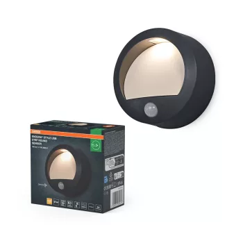 OSRAM Endura USB Wall Step szenzoros fali lámpa, sötétszürke, 1,7W 70lm 3000K, IP44, PIR 5-8m, kerek
