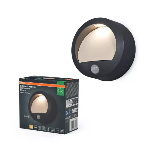 OSRAM Endura USB Wall Step szenzoros fali lámpa, sötétszürke, 1,7W 70lm 3000K, IP44, PIR 5-8m, kerek