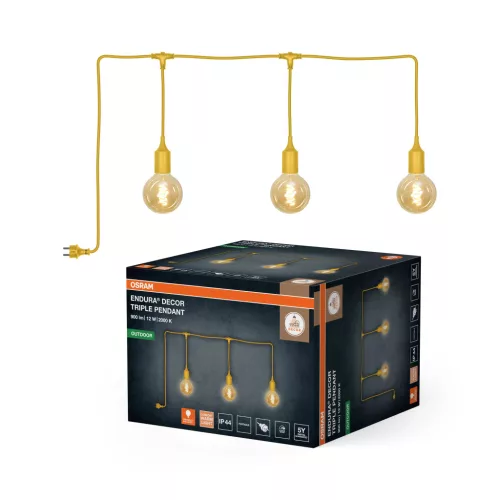 OSRAM ENDURA® hordozható függőlámpa kábellel, 3 izzóval, kültéri, sárga, 3 × 300 lm, 4 W, 2000 K, alumínium, IP44, kábelhossz: 7 m, dimmelhető ( 4099854724770 )