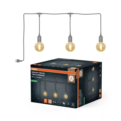 OSRAM ENDURA® hordozható függőlámpa kábellel, 3 izzóval, kültéri, szürke, 3 × 300 lm, 4 W, 2000 K, alumínium, IP44, kábelhossz: 7 m, dimmelhető ( 4099854724855 )