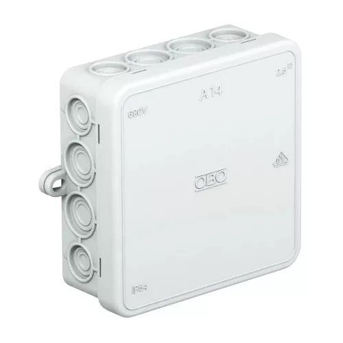 OBO Bettermann A 14 világosszürke leágazódoboz 100x100x40 mm IP55 halogénmentes polietilén