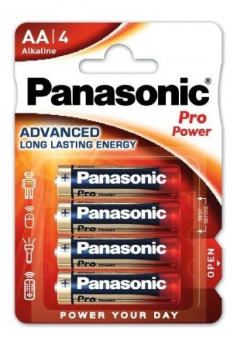 Panasonic Pro Power 1,5 V LR6 ( AA ) alkáli, tartós ceruza elem, nagy energiaigényű készülékekhez. 4 db / csomag ( ADVANCED LR6PPG4BP )