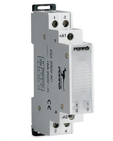 Perry Electric, 1RI0212AC/M, moduláris elektromechanikus léptető (impulzus) relé, 16A, 2 érintkező, 2 kapcsolási pozíció, tápfeszültség 12V AC 50/60 Hz (Perry 1RI0212AC/M)