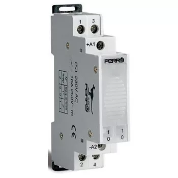   Perry Electric, 1RI0412AC/M, moduláris elektromechanikus léptető (impulzus) relé, 16A, 2 érintkező, 4 kapcsolási pozíció, tápfeszültség 12V AC 50/60 Hz (Perry 1RI0412AC/M)