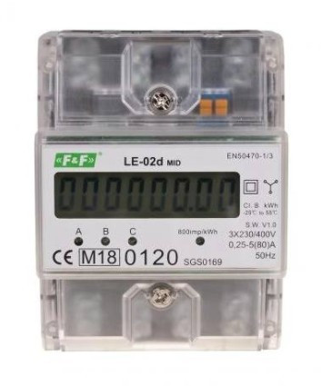 F&F LE-02D elektronikus MID hitelesített fogyasztásmérő, 3F DIN sínre, 5-63A, LCD, 4 modulos, 4-vezetékes,digitális, IP20