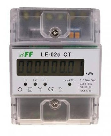 F&F LE-02D CT elektronikus áramváltós fogyasztásmérő, 3F DIN sínre, áttétel: 5-6000, LCD, 4 modulos, 4-vezetékes,digitális, 63A, IP20
