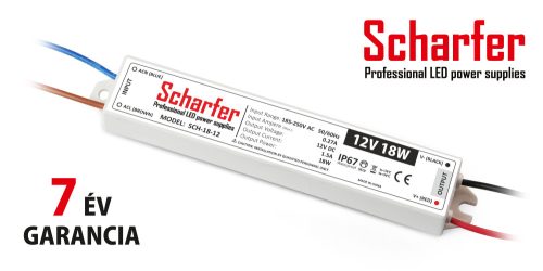SCHARFER SCH-18-12 LED tápegység 1 fázisú, 18W, 12V DC kimenettel, 1,5A, 185...250 V AC, 50/60 Hz