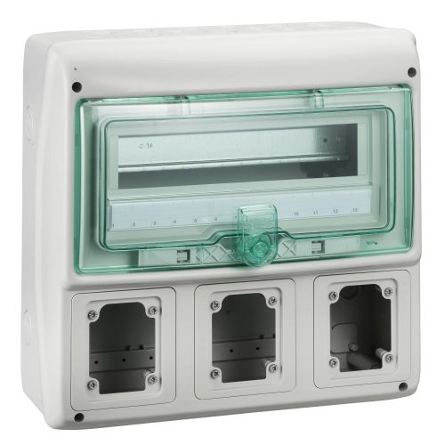 Schneider 13180 Kaedra vízálló kiselosztók 13 modul, 1 sor, 3 db 90x100 mm-es níylással, átlátszó zöld ajtóval, IP65, falon kívüli