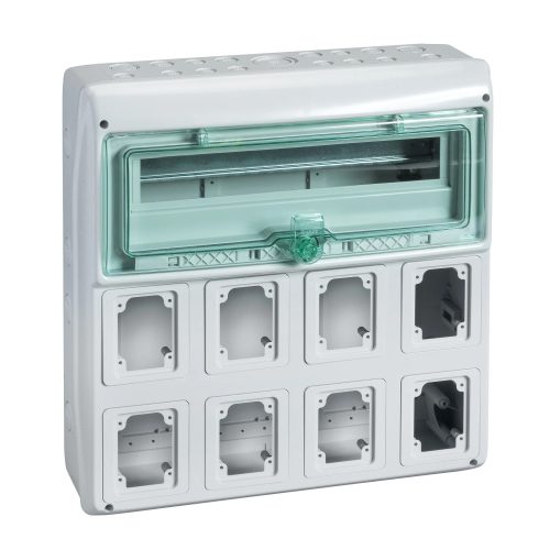 Schneider 13182 Kaedra vízálló kiselosztók 19 modul, 1 sor, 8 db 90x100 mm-es níylással, átlátszó zöld ajtóval, IP65, falon kívüli