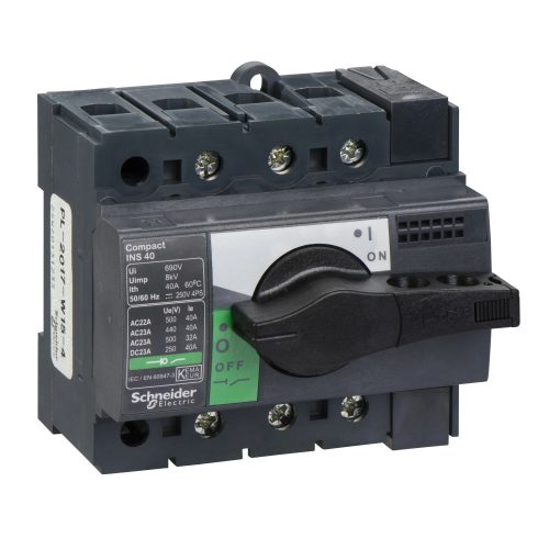 Schneider Electric, 28900, szakaszolókapcsoló 3P 40A 500V AC 50/60 Hz, fekete rotációs hajtással, Interpact INS40 (Schneider 28900)
