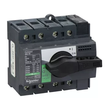   Schneider Electric, 28901, szakaszolókapcsoló 4P 40A 500V AC 50/60 Hz, fekete rotációs hajtással, Interpact INS40 (Schneider 28901)