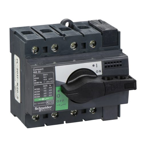 Schneider Electric, 28901, szakaszolókapcsoló 4P 40A 500V AC 50/60 Hz, fekete rotációs hajtással, Interpact INS40 (Schneider 28901)
