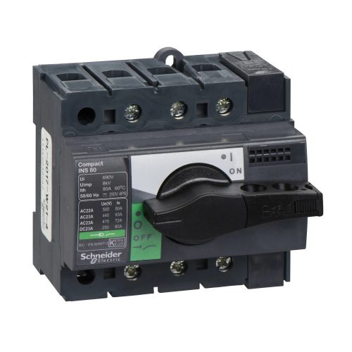 Schneider Electric, 28904, szakaszolókapcsoló 3P 80A 500V AC 50/60 Hz, fekete rotációs hajtással, Interpact INS80 (Schneider 28904)
