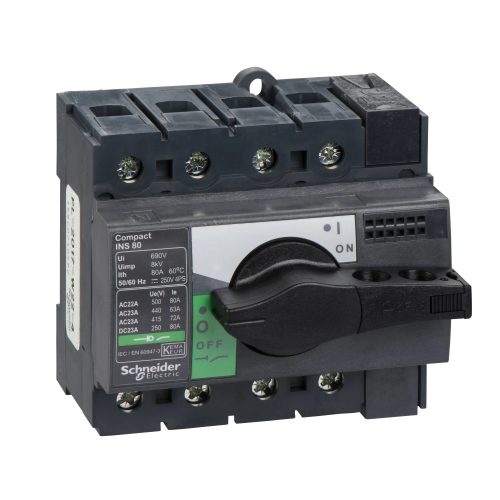 Schneider Electric, 28905, szakaszolókapcsoló 4P 80A 500V AC 50/60 Hz, fekete rotációs hajtással, Interpact INS80 (Schneider 28905)