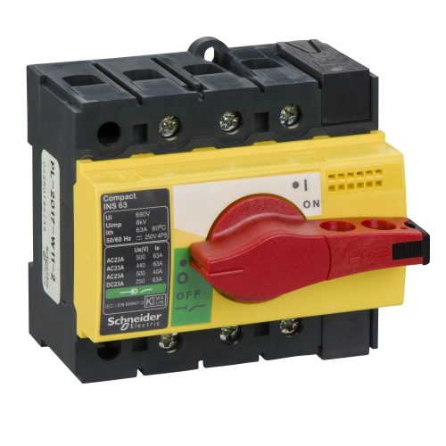 Schneider Electric, 28918, szakaszolókapcsoló 3P 63A 500V AC 50/60 Hz, piros rotációs hajtással, Interpact INS63 (Schneider 28918)
