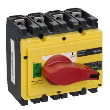   Schneider Electric, 31127, szakaszolókapcsoló 4P 250A 690V AC 50/60 Hz, piros rotációs hajtással, Interpact INS250 (Schneider 31127)