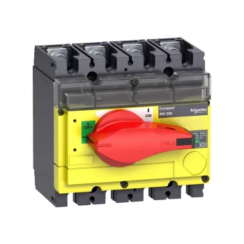   Schneider Electric, 31187, szakaszolókapcsoló 4P 250A 690V AC 50/60 Hz, piros rotációs hajtással, látható megszakítással, Interpact INV250 (Schneider 31187)