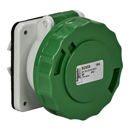 Schneider Electric, 82956, Törpefeszültségű ipari csatlakozó beépíthető dugalj egyenes 3P 16A 4h, 20-25V/40-50V 100/200 Hz, IP67, zöld, csavaros csatlakozás, PratiKa (Schneider 82956)