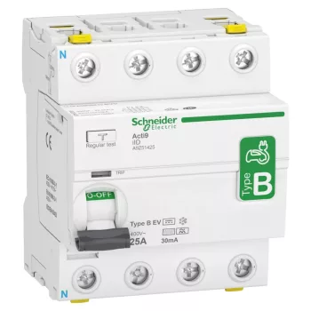 Schneider Electric Acti9 iID EV A9Z51425 B típusú áram-védőkapcsoló Fi-relé 4P 25A 30mA elektromos autó töltőhöz