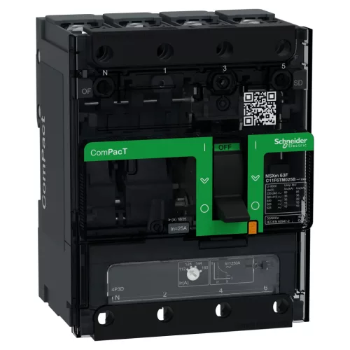 Schneider ComPacT NSXm100F 4P3D 25 A TM-D kompakt megszakító, 36 kA, szorítókapcsos csatlakozás