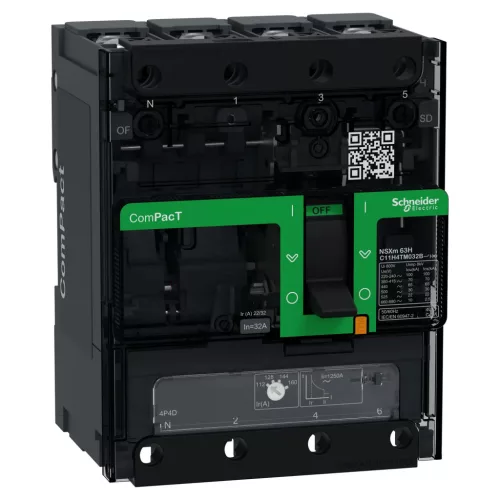 Schneider ComPacT NSXm100H 4P 32 A TM-D kompakt megszakító, 70 kA, szorítókapcsos csatlakozás