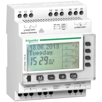   Schneider Electric, CCT15940, Digitális éves multifunkcionális kapcsolóóra, 4 csatorna 10A, 300 kapcsolási művelet, 10 év menet-tartalék, Acti9 ITA 4c (Schneider CCT15940)
